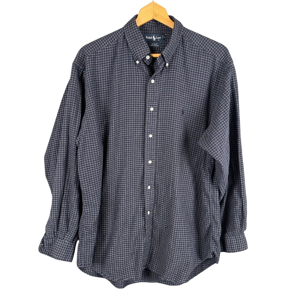 Polo Ralph Lauren Blake Shirt Mens Large Navy Blue Grid Check Cotton Long Sleeve